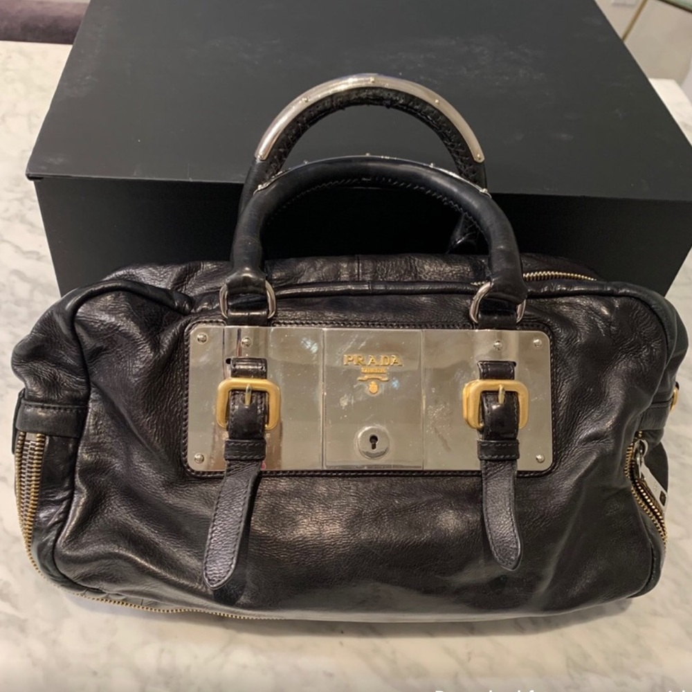 PRADA Bauletto Glace Black Calf Leather Hand Bag Metal Lock Plate Moto Zippers